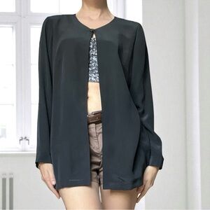 VTG 90s Studio G Black Satin Silk Shirt Jacket Minimalist Tunic Top S